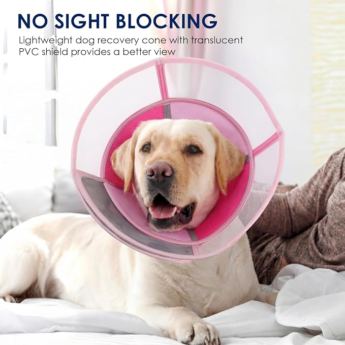 KOESON Dog Cone, Reflective Medium Dog Cone Collar to Stop Licking, Breathable & Soft Cone for Dogs After Surgery, Translucent Pet Recovery Collar with Adjustable Drawstring for Poodle, French Bulldog