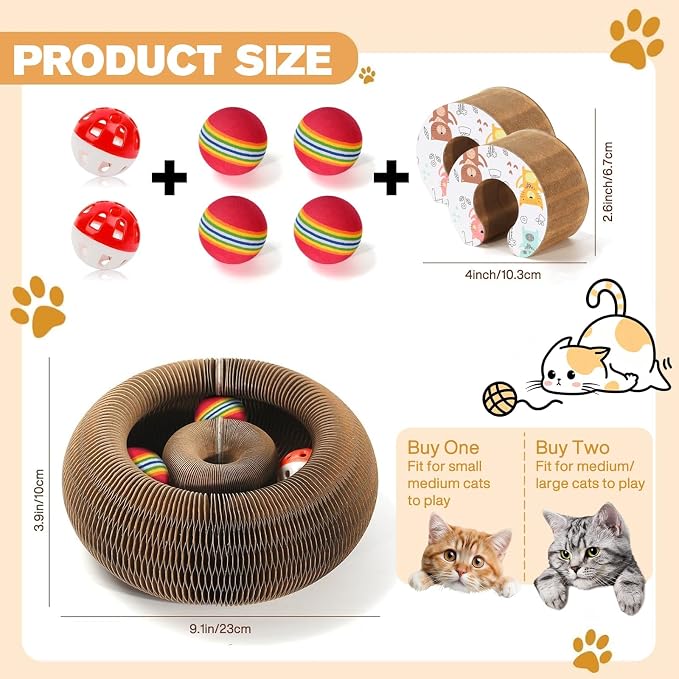 2 PCS Magic Organ Cat Scratcher Board with 6 Balls, Foldable Recyclable Accordion Cats Toy with Ball and Track Adventure, Cat Scratching Pad, Retractable Reversible Furniture Protector(Brown)