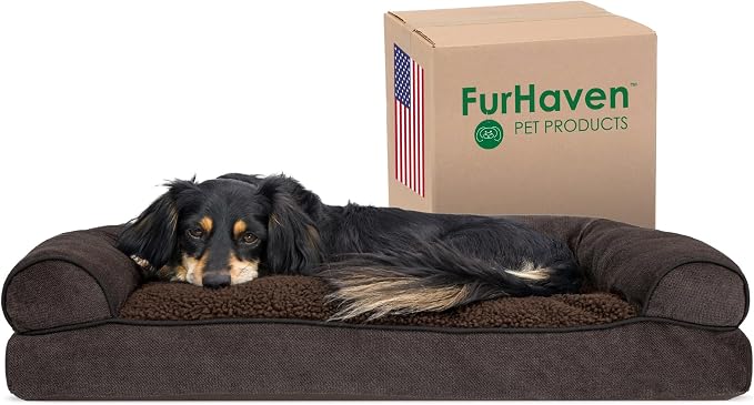Furhaven Pillow Dog Bed for Medium/Small Dogs w/ Removable Bolsters & Washable Cover - Sherpa & Chenille Sofa - Coffee, Medium