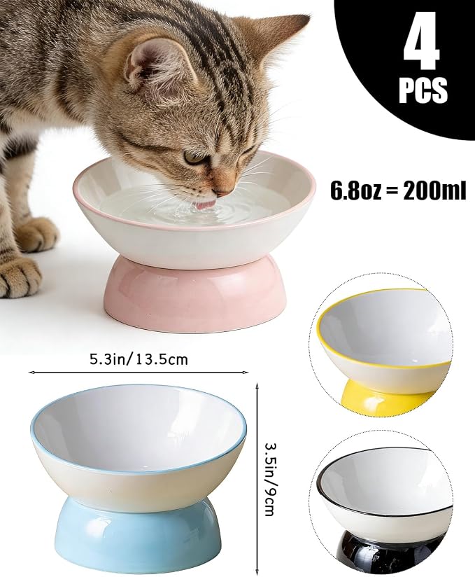Ceramic Elevated Cats Bowls, 4Pc Extra Wide Raised Cats Bowls, Shallow Whisker Friendly Food & Water Dish, Anti Vomit, Microwave & Dishwasher Safe, 5 oz (Colorful 5.3 x 3.5'')