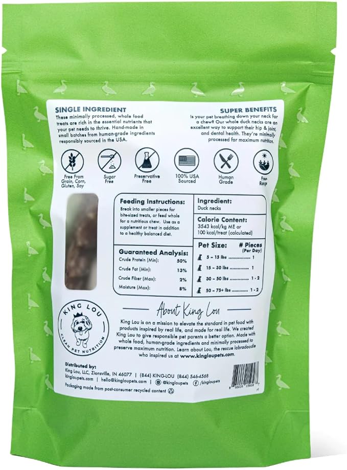 King Lou Pets - Whole Duck Necks for Dogs & Cats - Dehydrated Dog Treats - USA-Made Dental Chews for Dogs - Protein-Rich Collagen Snacks, 5 Count