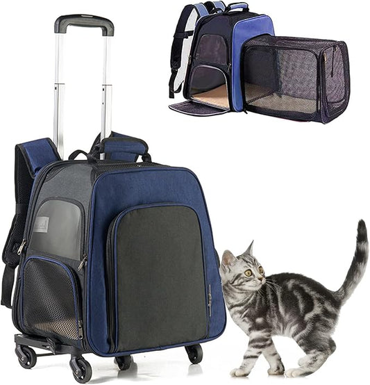 Pet Travel Carrier with Wheels,Puppy & Kitty Expandable Backpack Carrier for Dogs and Cats, Rolling Pet Carrier with Adjustable Handle, Mesh Windows, Storage Pockets