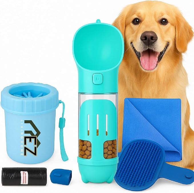 Portable Dog Water Bottle Set – Travel Water & Food Dispenser with Waste Bag Holder & Scooper – Foldable Dog Bowl for Outdoor Adventures – LIVINGHOME