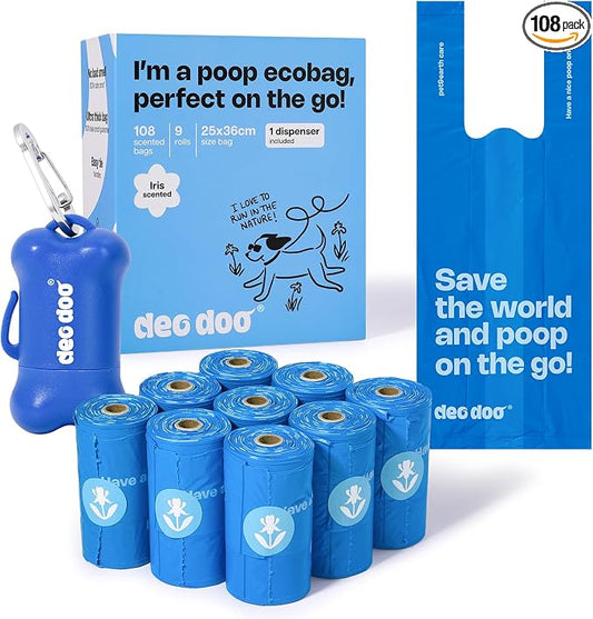 Deo Doo Dog Poop Bags with Handles 9 Rolls 108 Counts Big Sizes Leak Proof and Extra Thick Waste Bags Refill Rolls for Walking Small Medium Large Dogs Cats Litter With Holder Iris Scented