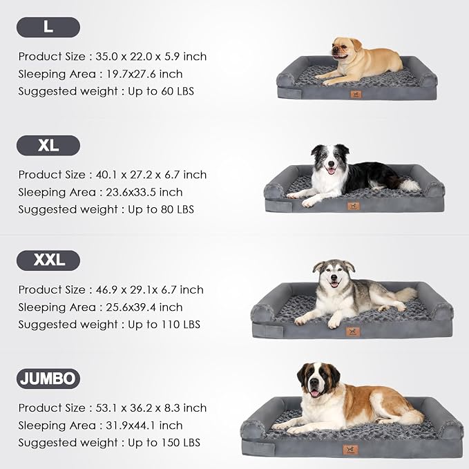 Orthopedic Dog Bed - Breathable Egg-Crate Foam Sofa Couch with Bolster, Water-Resistant Liner & Washable Rose Velvet - Ideal for Corgis, French Bulldogs, Dark Gray, L (35'' x 22'')