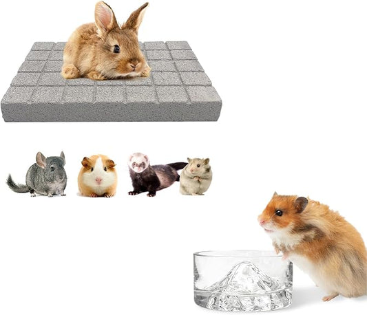 BNOSDM Rabbit Grinding Claw Pads Natural Hamster Lava Stone and Transparent Hamster Food and Water Bowl Mountain Fuji Style Glass for Hamsters Gerbils Mice Rats or Other Similar-Sized Pets