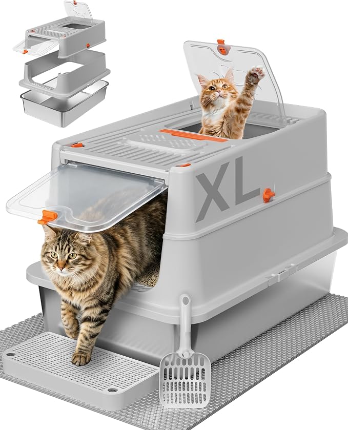 Stainless Steel Litter Box with Flip Lid, XL Extra Large Cat Litter Box with High Sided Top Entry Design, Anti-Leakage Enclosed Metal Litterbox for Big Cats, with Handle, Mat, Pedal & Scoop Light Grey