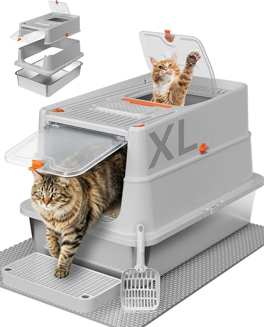 Stainless Steel Litter Box with Flip Lid, XL Extra Large Cat Litter Box with High Sided Top Entry Design, Anti-Leakage Enclosed Metal Litterbox for Big Cats, with Handle, Mat, Pedal & Scoop Light Grey
