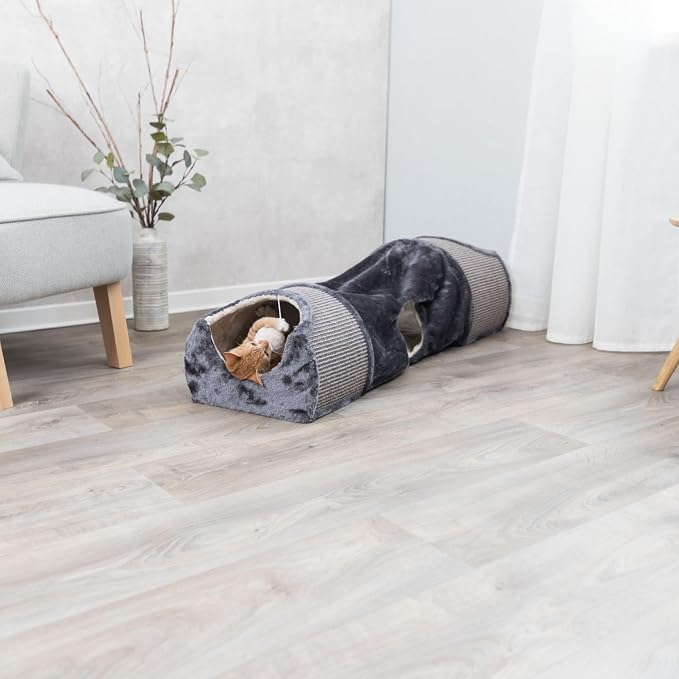 Trixie Cuddly Condos and Tunnel for Cats - Indoor Cat Furniture with Play Condos, Hideaway Tunnel, Dangling Cat Toys - Sisal Scratching Surface - Collapsible Design for Easy Storage, Gray