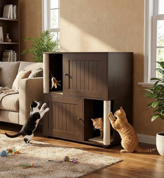2 Tier Cat Washroom,Modern Farmhouse Double Cat Litter Box Enclosure Furniture,Hidden Cabinet with 2 Scratch Mats & Post, Multi-Functional End Side Table for 2 Cats, Odor-Control Wooden Washroom Cabin