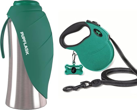 Tuff Pupper Retractable Dog Leash and 27oz Pupflask Portable Water Bottle - Green