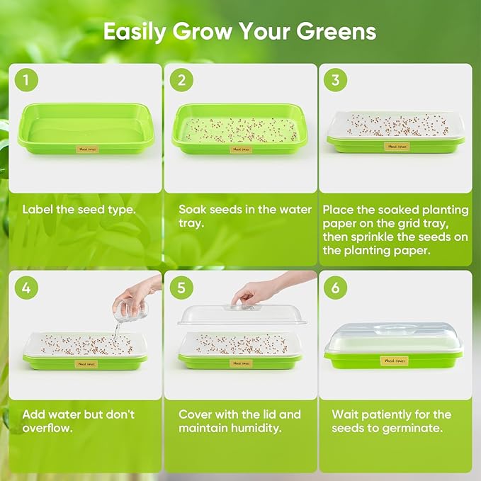 6 Pack Green Seed Sprouter Trays with Lid, Soil-Free Cultivation Germination Tray, Nursery Tray with Planting Paper for Indoors or Outdoors