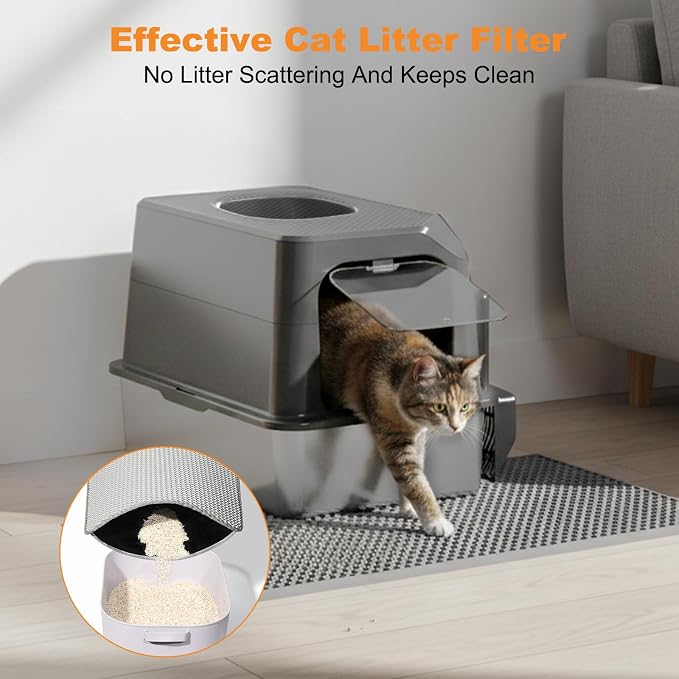 Extra Large Stainless Steel Cat Litter Box Enclosed with Lid - 23.6" x 15.7" x 16.5" Metal Cat Litter Box XXL for Cats, Front Top Entry High Side Kitty Litterbox，Scoop & Mat, Anti Leakage, No Sticky