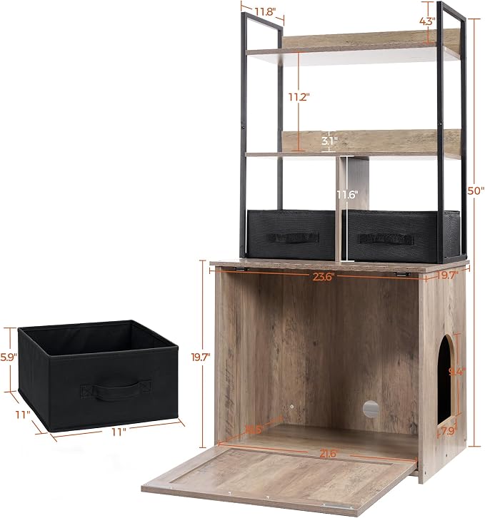 DWANTON Litter Box Enclosure with 2 Storage Shelves and 2 Drawers, 2-in-1 Hidden Cat Litter Box Enclosure Furniture with Shelf, Reversible Entrance, Washable Drawers, 50-Inch, Greige