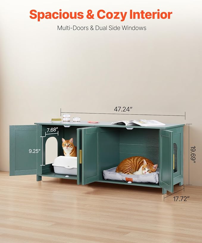 VEVOR Cat Litter Box Enclosure for Multi Cats, 47.2 in Hidden Litter Box Cabinet with 4 Doors & 2 Entries, Indoor Cat Washroom, Wooden Kitty House Furniture Side Table, Fit Most Litterboxes, Green
