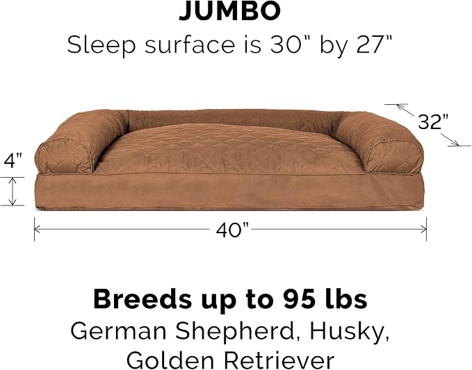 Furhaven Pillow Dog Bed for Large Dogs w/ Removable Bolsters & Washable Cover - Quilted Sofa - Toasted Brown, Jumbo/XL