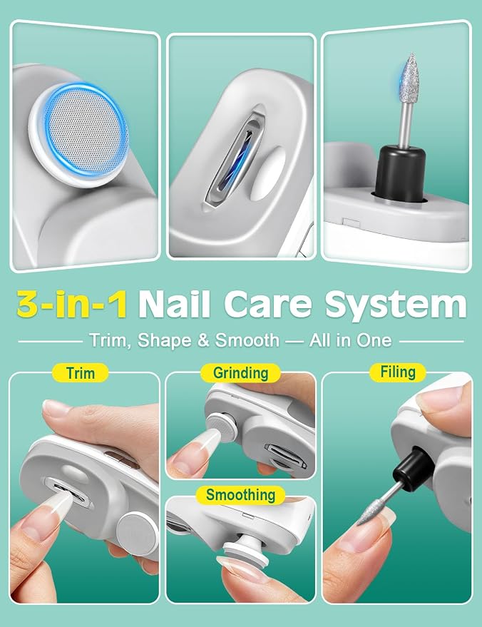Electric Nail Clipper for Seniors & Kids, Baby Nail Trimmer Electric with Nail Debris Storage, Rechargeable Toenail & Fingernail Clippers with LED Light, Low Noise, Family-Friendly Grooming