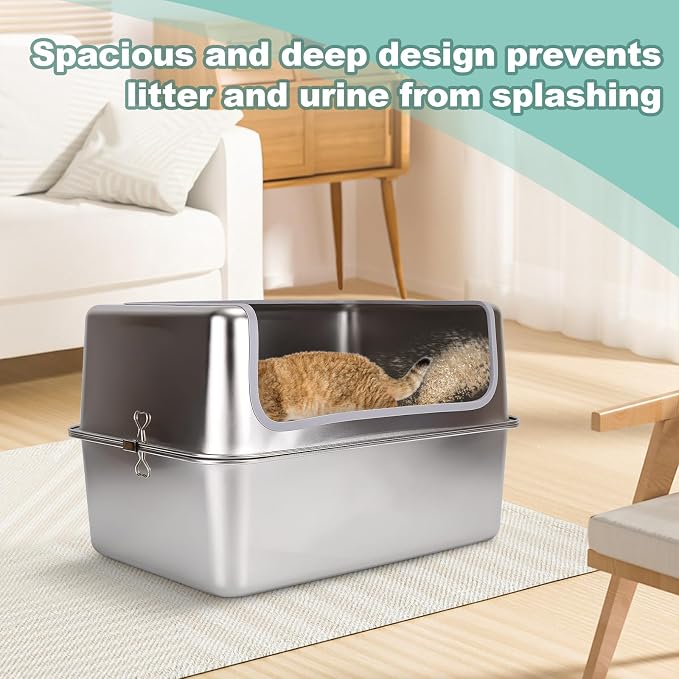 Stainless Steel XL Cat Litter Boxes with Metal Lid,20x14x12'' Extra Large Kitty Litter Pan with High Wall Enclosure-Odor Free&Easy to Clean