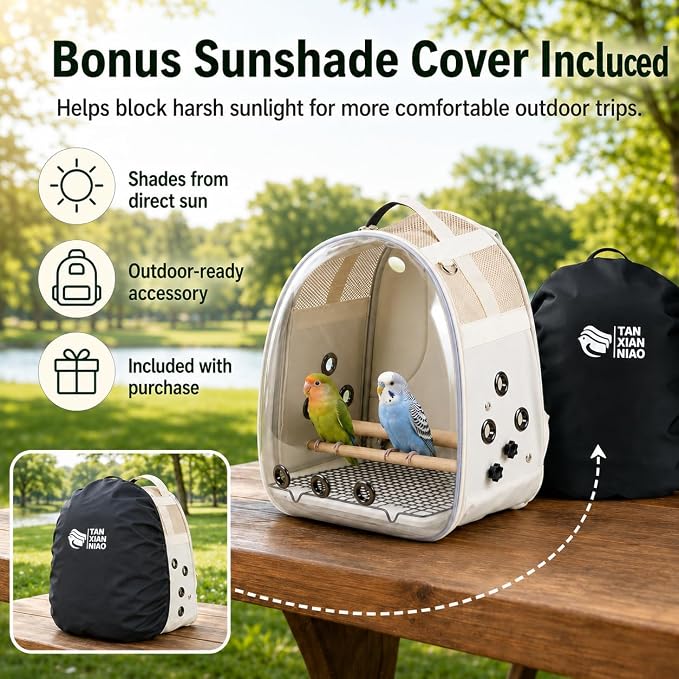 Bird Carrier Backpack for Small Medium Birds, Bird Travel Cage with Adjustable 2 Wooden Perches, Removable Tray, Feeder Cups Sunshade Cover,Bird Backpack for Parakeet Cockatiel Conure Quaker Lovebird