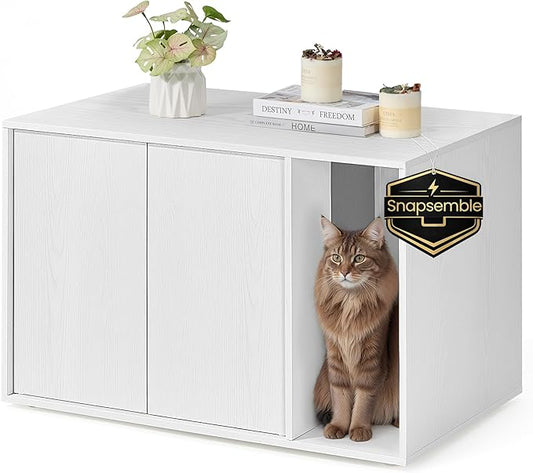 SONGMICS HOME Cat Litter Box Enclosure, Snapsemble Superfast Assembly, Litter Box Furniture for Large Cats, Display Side Table, Push-to-Open Doors, Minimalist Modern, Snow White UPCL013W01