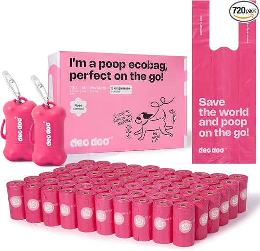 Deo Doo Dog Poop Bags with Handles 60 Rolls 720 Counts Big Sizes Leak Proof and Extra Thick Waste Bags Refill Rolls for Walking Small Medium Large Dogs Cats Litter With 2 Dispensers Rose Scented