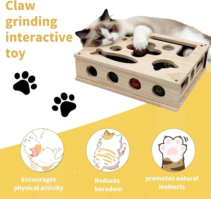 Cat Nail Care Enrichment Box, Interactive Cat Activity Box with 4 Bell Balls, 2 Catnip Balls & 1 Feather Wands, Natural Claw Care & Boredom Relief for Indoor Cats