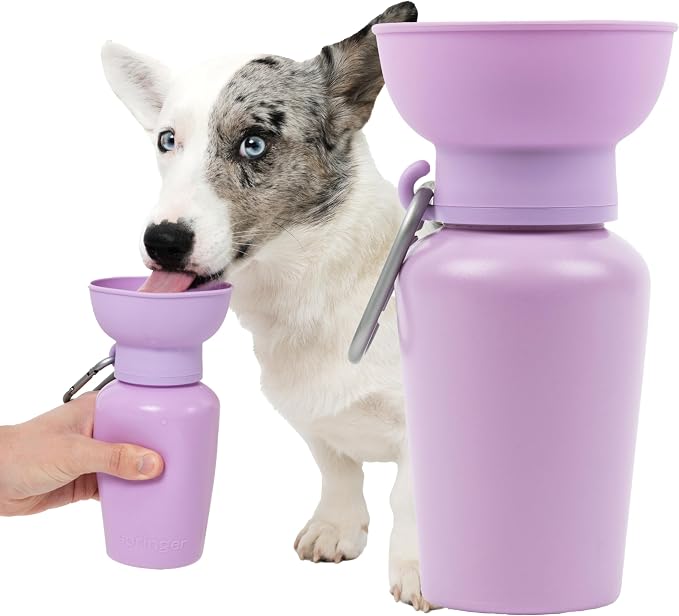 Springer Flip Portable Dog Water Bottle with Foldable Food Grade Silicone Bowl - 20 Ounce Travel Dog Water Bottle Ideal for Camping - Easy Squeeze Hydration & Release to Drain Lilac
