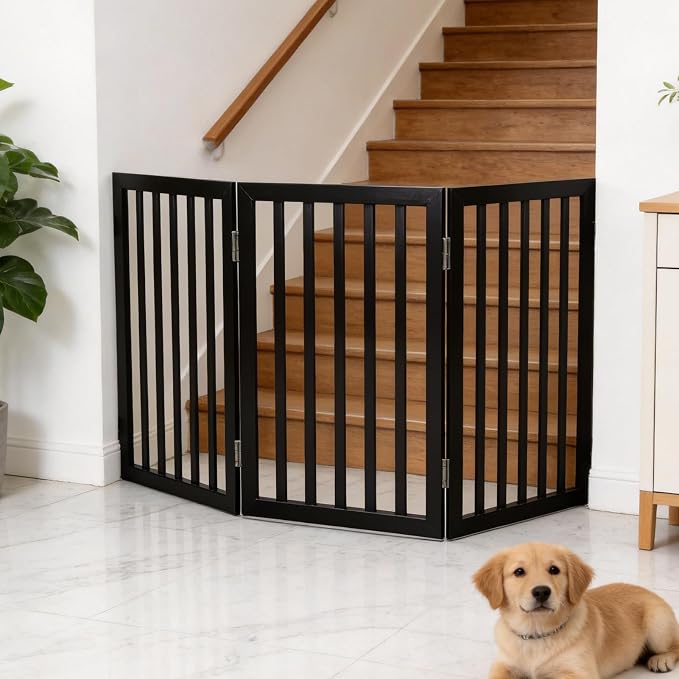 Dog Gate Indoor, Freestanding Dog Fence for The House, Doorways, Hallways,or Stairs,Pet Gate Foldable Wooden,Expandable 32" Height 3 Panels,Black
