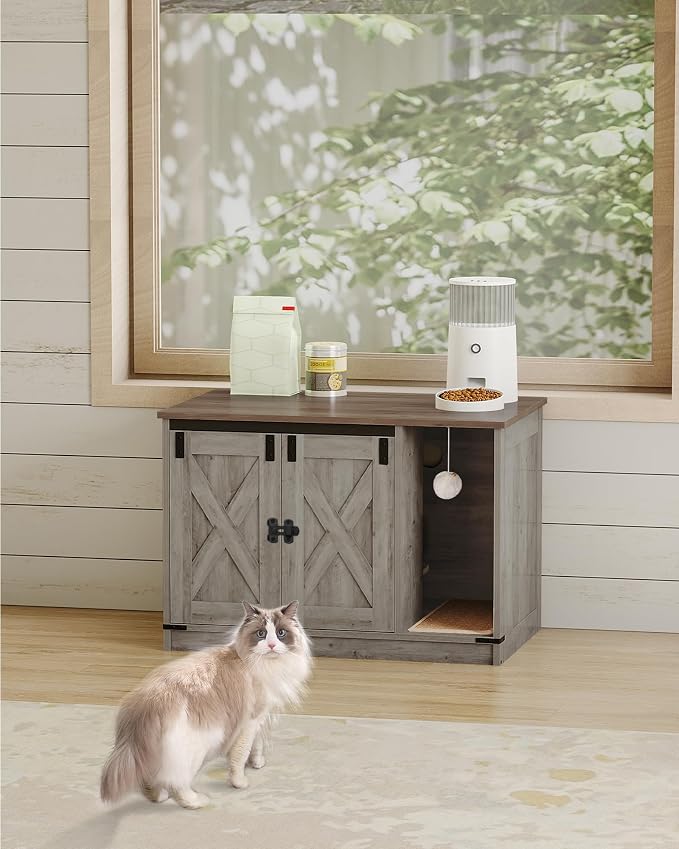 Hzuaneri Cat Litter Box Enclosure, Hidden Litter Box Cabinet Furniture with Bell, Indoor Cat House, Farmhouse Style, 31.5 x 19.7 x 20.9Inches, for Hallway, Bedroom, Light Ivory and Brown CB82405X