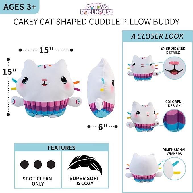 Gabby's Dollhouse Cakey Kids Bedding Super Soft Plush Cuddle Pillow Buddy, (Officially Licensed Product) By Franco