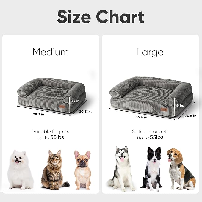 FUKUMARU Dog Couch Bed, Corduroy Cozy Cat Bed for Indoor Cats with Washable Cover, 28in Waterproof Orthopedic Dog Beds Sofa for Small Dogs and Large Cats, Cute Warm Cotton Pet Sofa, Grey