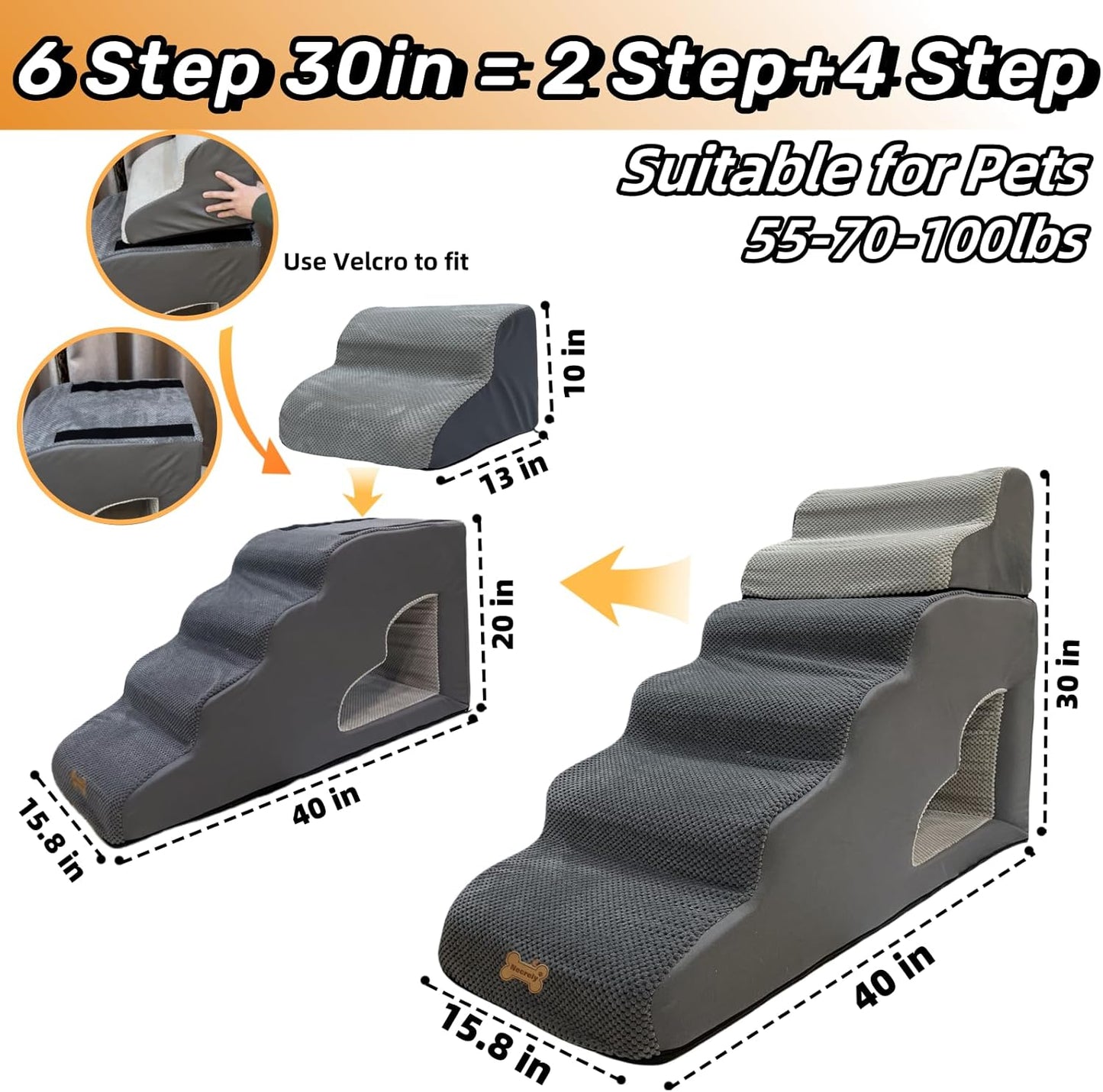 dog stairs for small dogs to 30 inches high beds, 6 step dog ramp stair for 18-36 inches couch-bed,pet stairs for small old meduim large dogs cats,Non-Slip balanced 6 tiers ladder,75 pounds Studry 33D