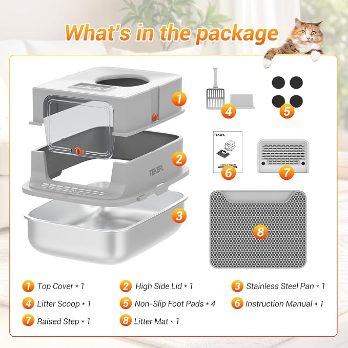 Stainless Steel Litter Box with Lid,Top Entry Litter Box, Extra Large Cat Litter Box,High Sided, Anti-Urine Leakage, Non-Stick Bottom Comes with Litter Mat & Metal Scoop,Grey