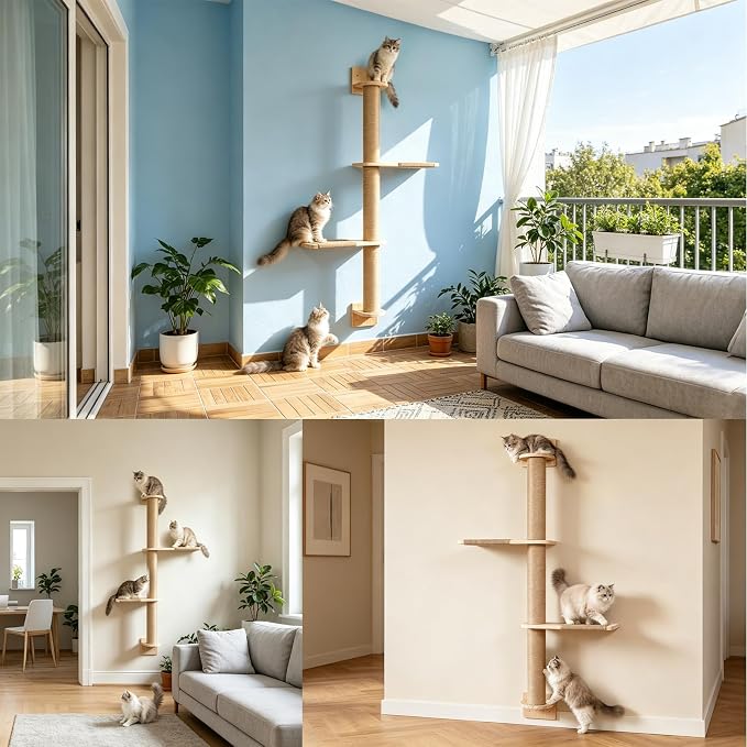 Wall Mounted Cat Tree 47inch, 3 Tier Wood Cat Tower with Natural Jute Rope, Cat Wall Shelves Wall-Mounted Scratching Post Adjustable Cat Tree Tower (3-Tier Cat Tree, Natural Sisal Color)