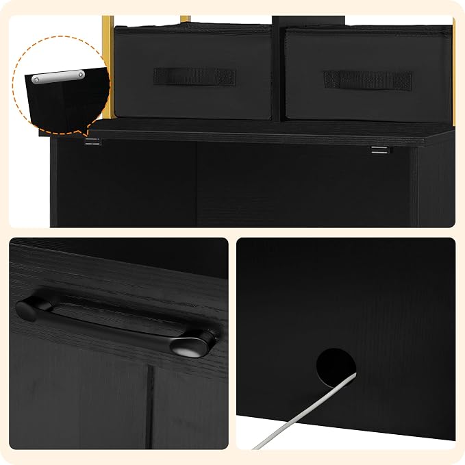 Dwanton Litter Box Enclosure with 2 Storage Shelves and 2 Drawers, 2-in-1 Hidden Cat Litter Box Enclosure Furniture with Shelf, Reversible Entrance, Washable Drawers, 50-Inch, Black+Gold