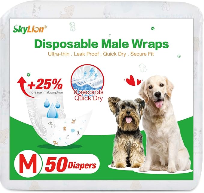 Dog Diapers Male Disposable Super Absorbent, 50 Count, Male Dog Wraps Leak Proof, Ultra Dry & Breathable, Medium