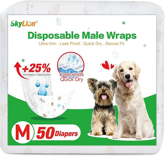 Dog Diapers Male Disposable Super Absorbent, 50 Count, Male Dog Wraps Leak Proof, Ultra Dry & Breathable, Medium