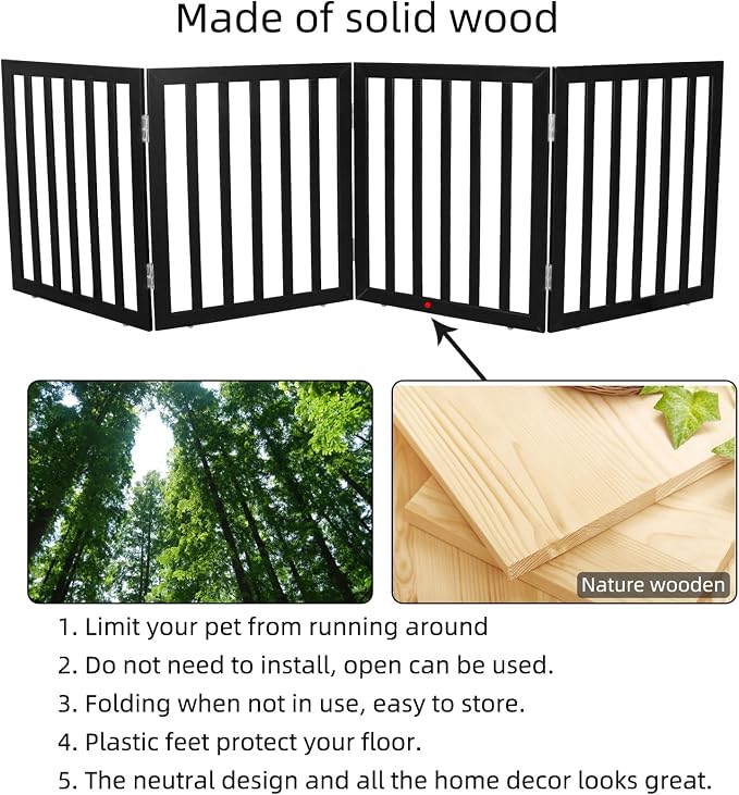 Dog Gate Indoor, Freestanding Dog Fence for The House, Doorways, Hallways,or Stairs,Pet Gate Foldable Wooden,Expandable 24" Height 4 Panels,Black