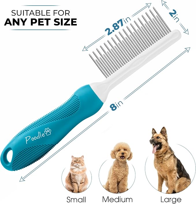 Poodle Pet Bundle - Dematting Fur Rake Comb Brush Tool with Steel Safety Blades and Detangling Pet Comb with Long and Short Stainless Steel Teeth for Detangling Matted or Knotted Undercoat Hair (Blue)