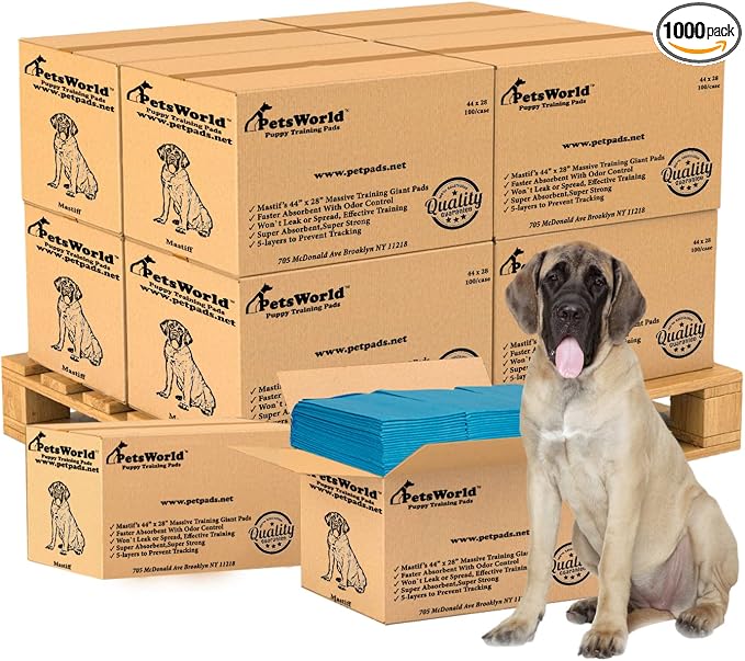 PetsWorld 2XL Dog Pee Pads 28"x44" 1000 Count – Extra Large Pet Pee Pads for Dogs & Puppies, Heavy Duty Leak-Proof Dog Training Pads, Super Absorbent Quick-Dry Potty Pads with Odor Control