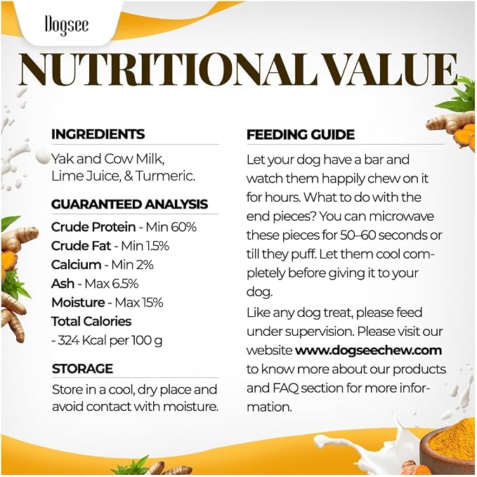 Dogsee Himalayan Yak Cheese Dog Chews with Turmeric/Curcumin 2lb (Large - 8 Chews) 60% Protein, Healthy Hip & Joint Health Support for Dogs Long Lasting Dental Treats