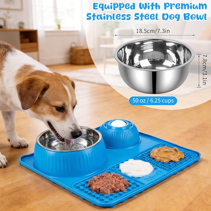 Dog Lick Bowl with Rolling Ball for Liquid and Thick Treat—3 in 1 Slow Feeder Dog Bowls+Lick Mat+50oz Stainless Steel Food Bowl,Anti-Slip 5/6 Cup Licking Toy for Medium Large Dogs and Cats Blue