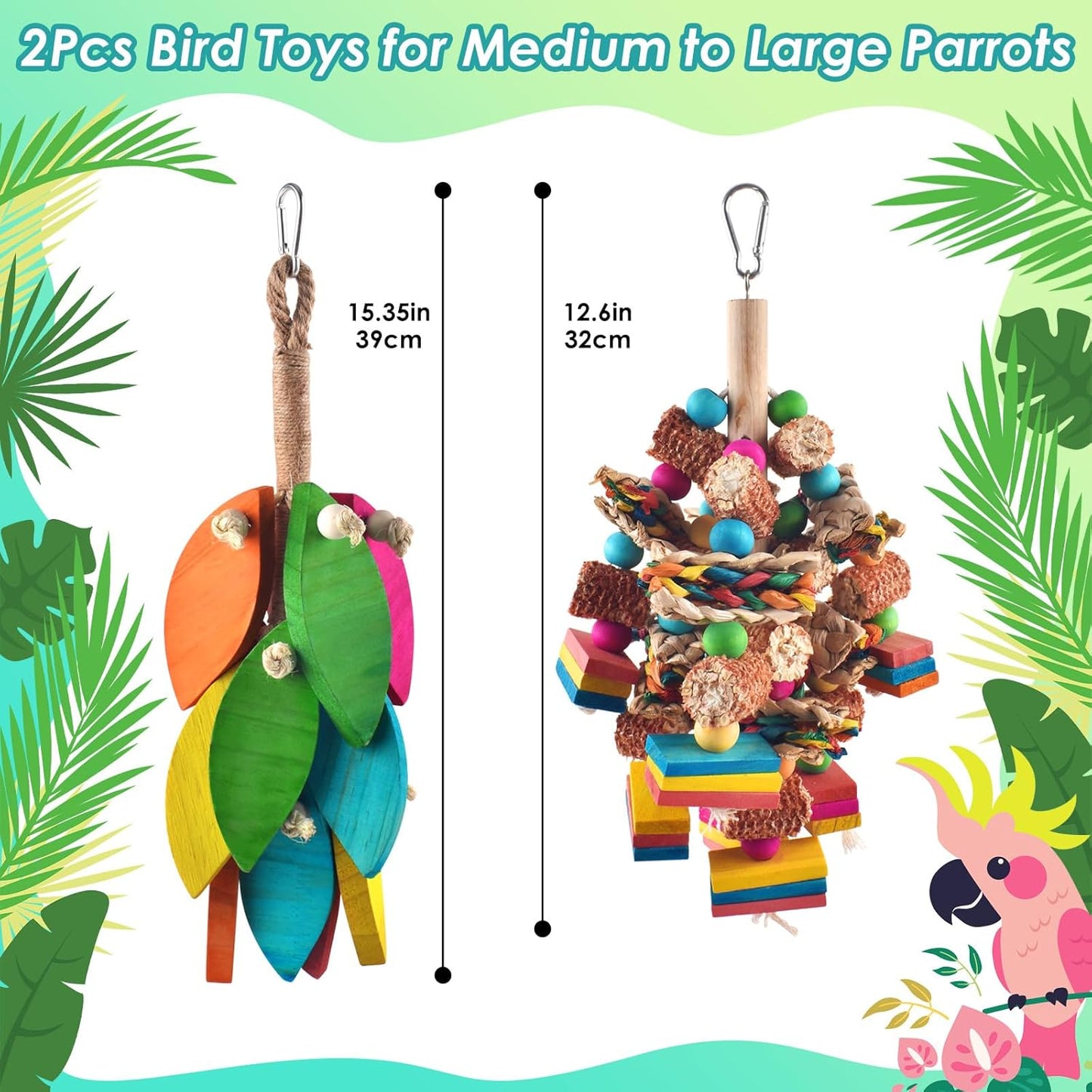 2 Pcs Large Bird Toys, Natural Corn Cob Parrot Chew Toy, Multicolored Leaf-Shaped Chewing Wood Blocks for Large and Medium-Sized Macaws, Cockatoos, Amazon Parrots, African Grey