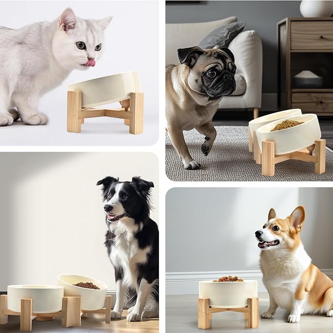 SPUNKYJUNKY 15° Slanted Ceramic Dog and Cat Bowl with Wooden Stand, Tilted Bulldog Food and Water Bowl No Slip Non-Spill for Cats Medium Dogs Big Face Pets 28.7 OZ (3.6 Cups, Beige)