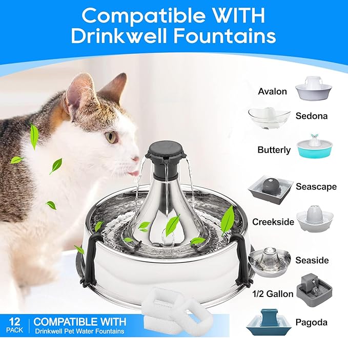 Cat Water Fountain Filter Compatible with Petsafe Water Fountain, for Drinkwell Pet Fountain Filters, Replacement Foam Filters for 360 Pet Fountain Seaside Pagoda 1/2 Gallon Fountains 8PCS