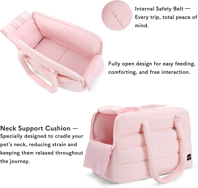 Dog Purse Carrier for Small Dog Cat Rabbit up to 13 lbs, Lightweight Portable Soft Sided Pet Purses, Quilted Puffy Tote Puppy Carrier with Large Pockets for Hiking, Travel, Vet Pink