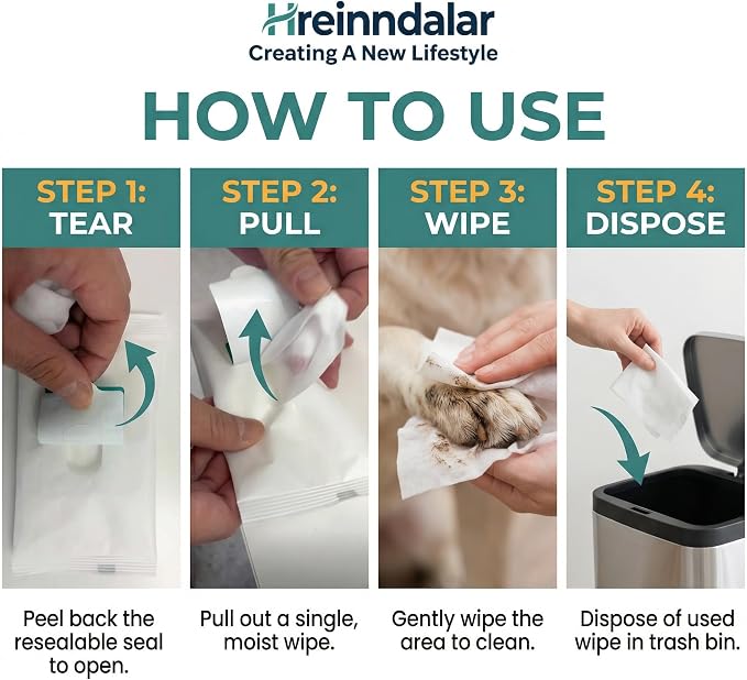 Dog Wipes & Cat Wipes | Unscented & Alcohol-Free for Paws and Butt, Eyes & Ears | Effectively Removes Mud, Dirt & Odor | Portable Dog Accessories for Cleaning, Deodorizing & Travel