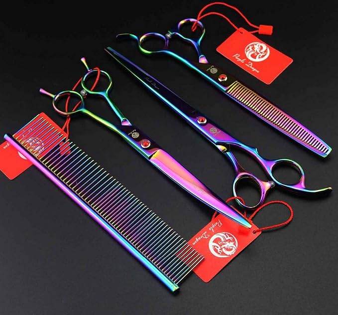 Purple Dragon 8.0" Titanium Multicolor Professional Pet Grooming Scissors Set,Straight & Thinning & Curved Scissors Shear with Bag for Dog Cat Grooming