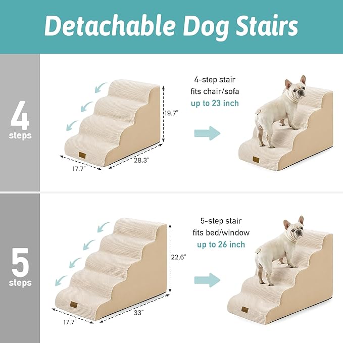 COZY KISS Wide Dog Stairs for Small Dog 19.7" H, Pet Step for Puppy, Older Cat, Curved Ramp for High Bed or Car, Stairs with High Density Foam, Lightweight, Durable, 4 Step, 17.7x28x19.7 inch, Beige