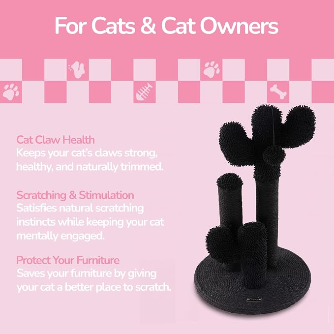 Marfa 21.5" Modern Triple Cactus Cat Scratching Post with Fuzzy Toy, Natural Jute Rope Scratcher with Weighted Non-Slip Base, Black CTR1008B